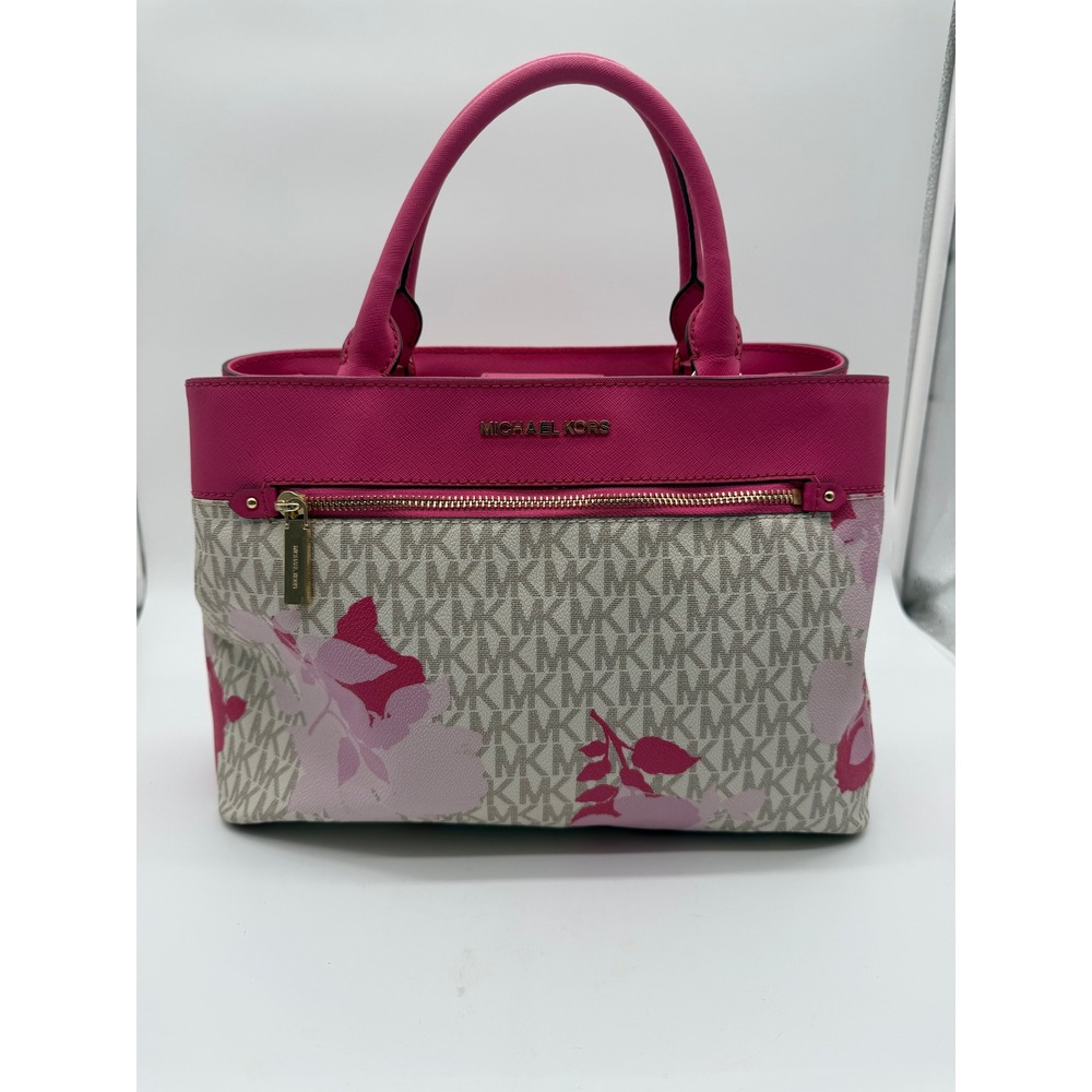 Michael Kors Pink Floral Signature Logo Satchel Handbag Gold Tone Hardware
